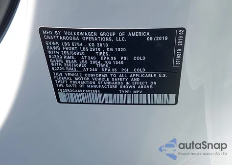 2019 Volkswagen Atlas 3.6L V6 Sel R-Line z USA, uszkodzony, nr VIN 1V2SR2CA5KC602584